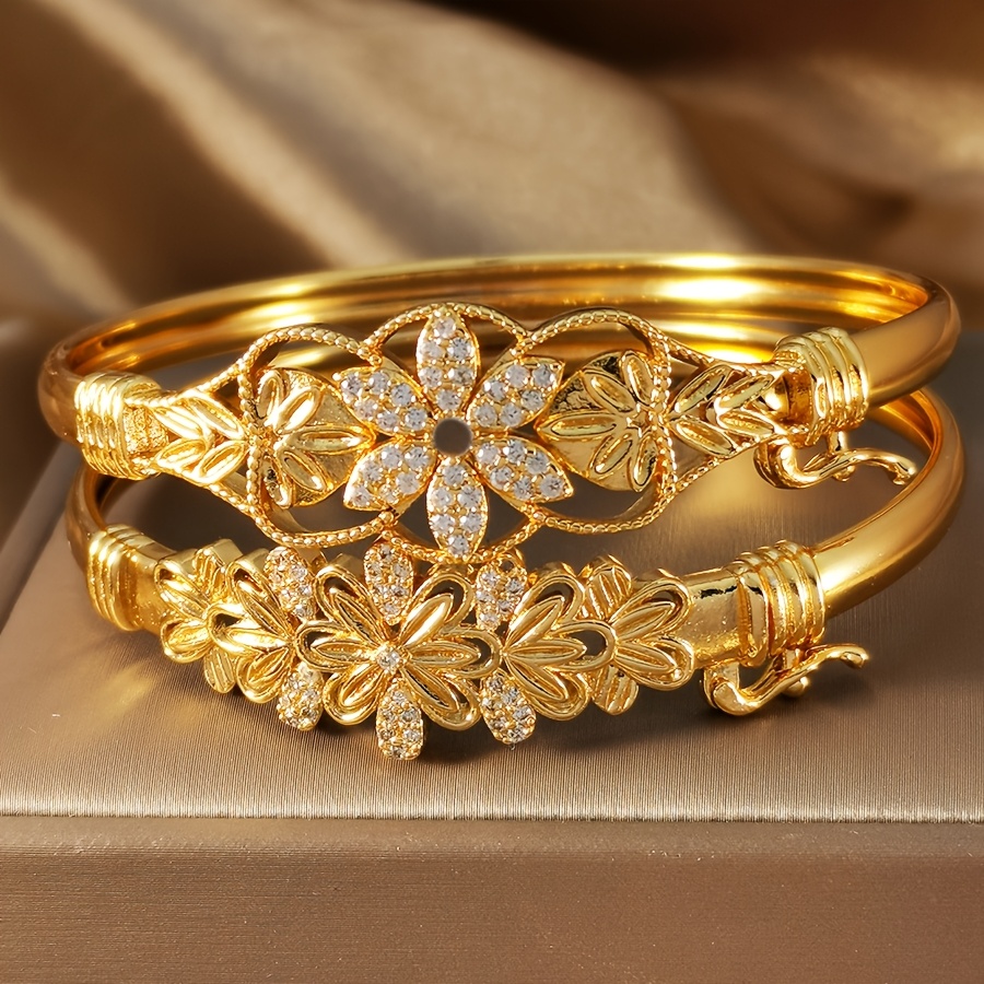TEMU 2pcs Set Of Fashionable Retro Style Inlaid With Shiny Leaf Design, Mouth Bracelet Set Suitable For Gatherings, Daily Wear, Mother's Day Gifts