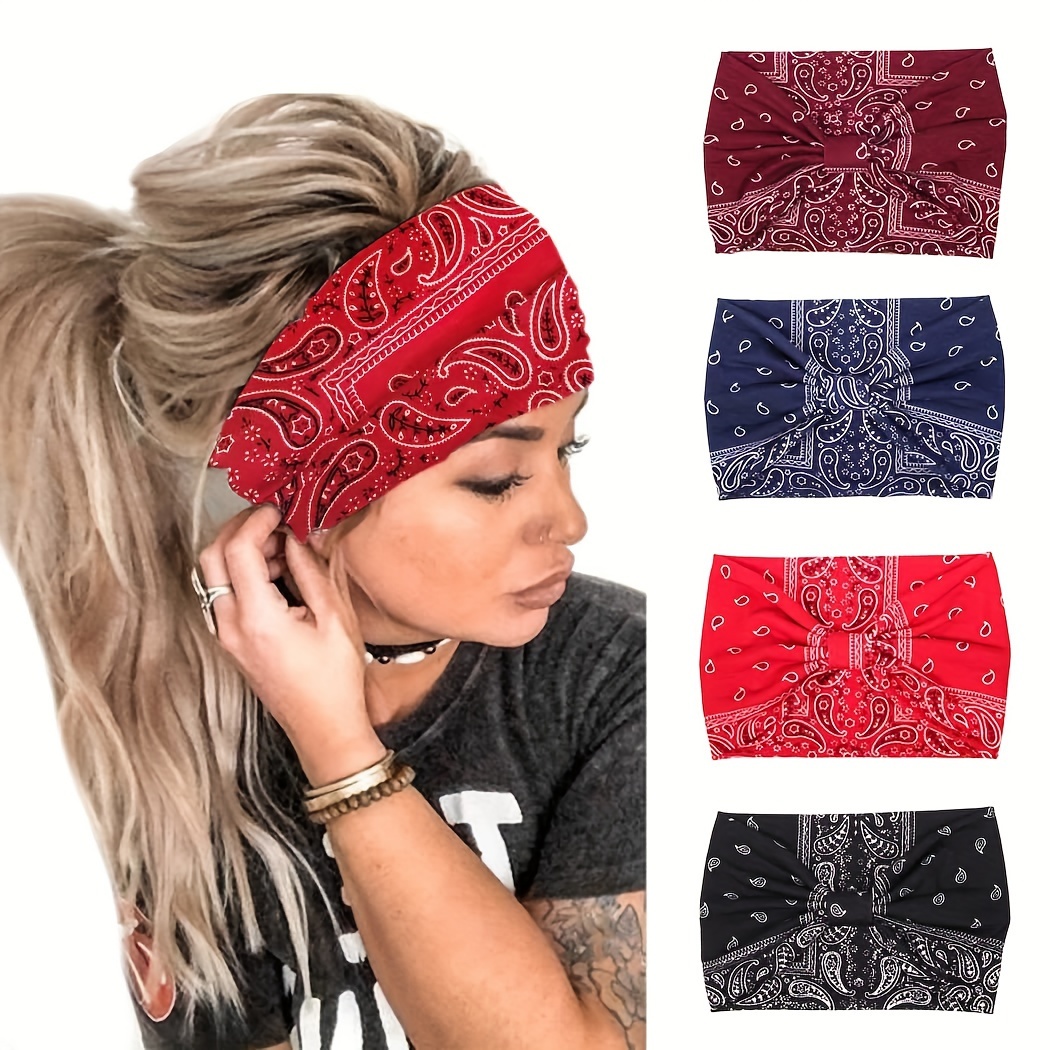 

4-pack Boho Wide Knot Headbands, Assorted Colors, Printed Bandana-style Hair Bands, Stretchy Sports & For Women