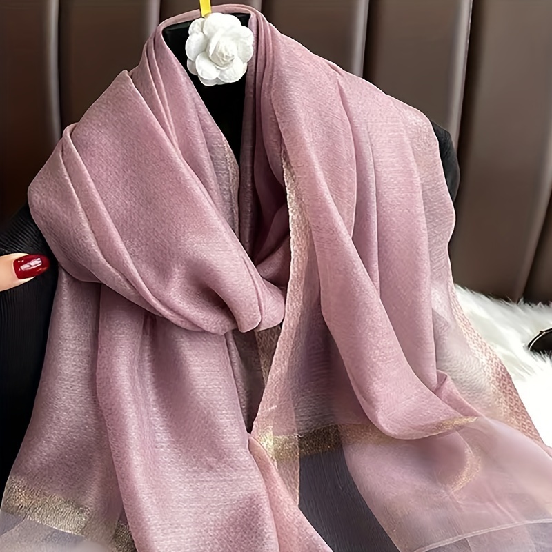 

1pc Solid Color Light Pink Scarf With Golden Edge, Spring/autumn Sun Protection Warm Shawl, Versatile Casual Daily Wear Wrap Gifts For Eid