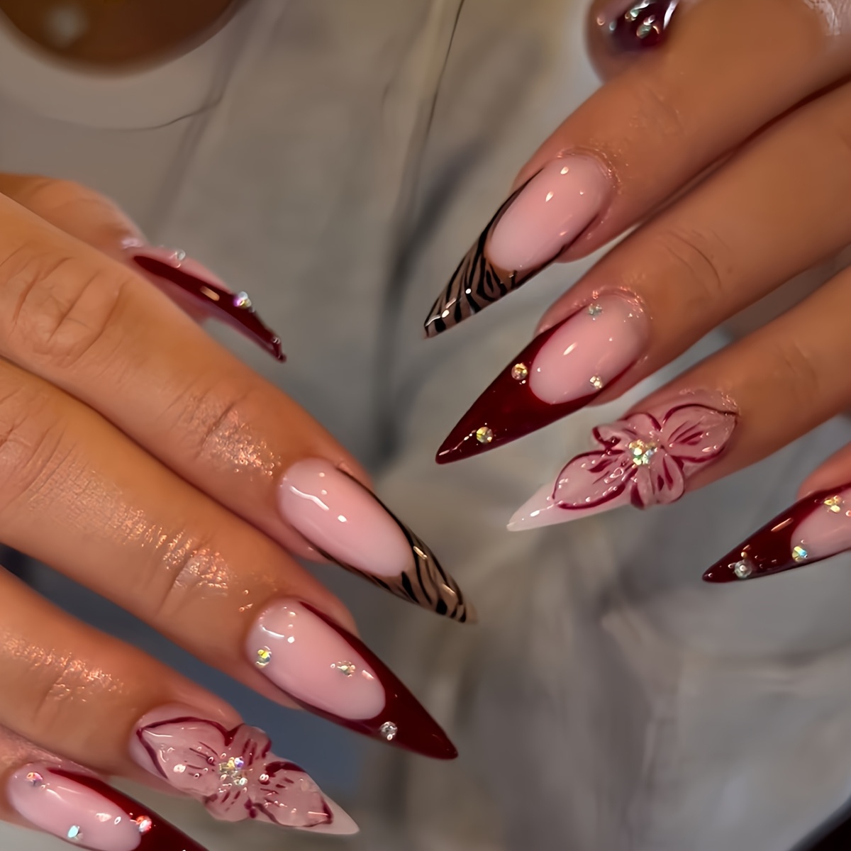 TEMU A Set Of 24 Long Almond-shaped Press-on Nails With Fashionable Brown Floral Patterns, Featuring Sweet And Elegant With Rhinestones. Suitable For