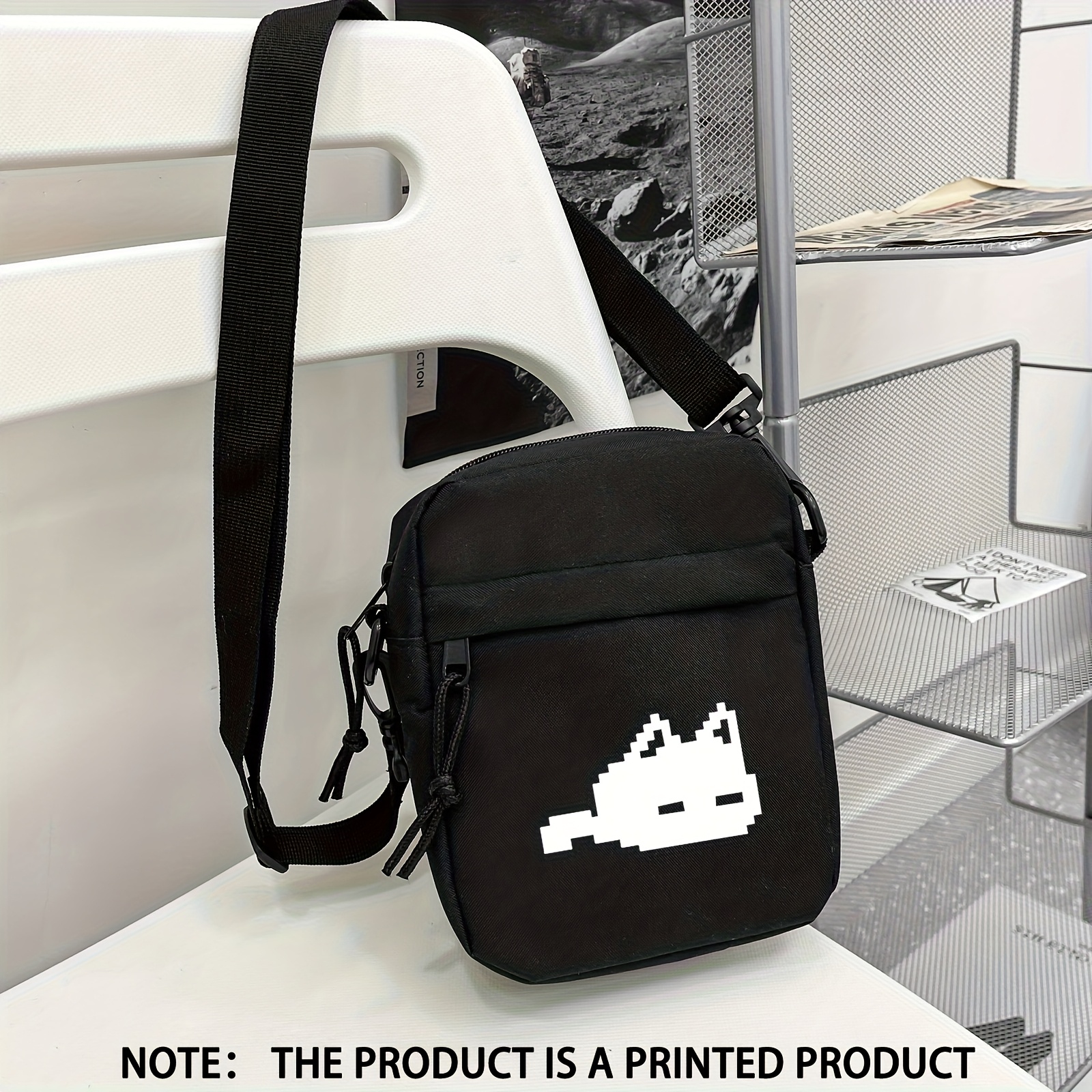 Stylish Black Pixel Cat Pattern Print Trendy Square Crossbody Bag, Versatile Shoulder Bag, Convenient Multifunctional Phone Bag For Men And Women