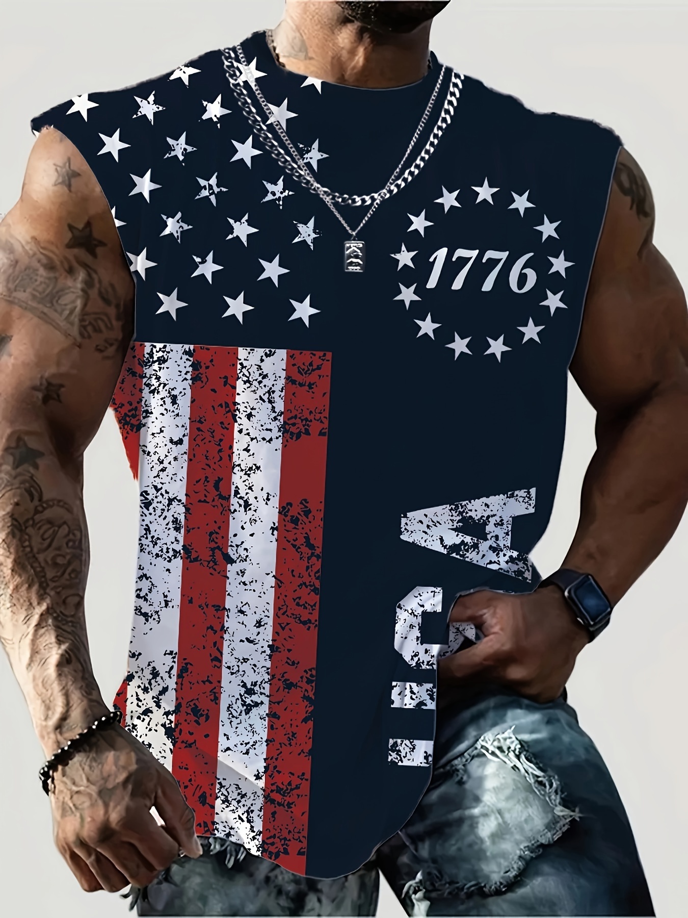 chic printed comfy breathable tank top, men's casual stretch sleeveless t-shirt for summer gym workout training basketball sea blue 0
