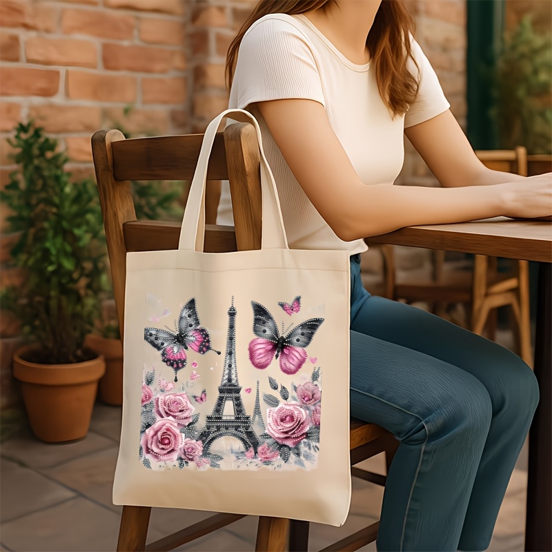 TEMU 1 Ensemble Sac Fourre-Tout Peinture Diamant avec Eiffel - Grand Sac de Courses Réutilisable en Toile de 30Cm X 35Cm (Motif Inclut Tour Eiffel,