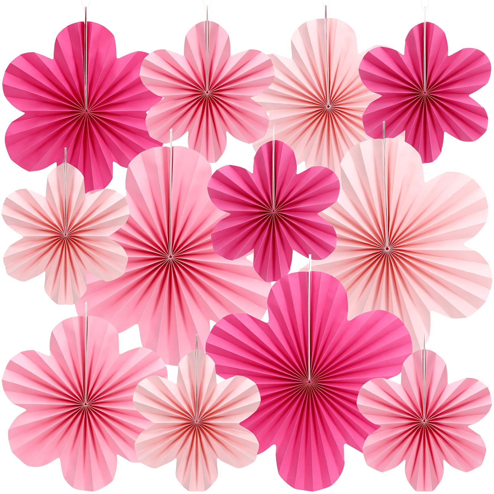 Image of 12pcs Pink Paper Flowers Fans, Paper Fans Hanging Ornaments, Paper Flowers Decorations For Wall, Paper Fans Party Decorations For Spring Wedding Baby Shower I Perfect For Halloween