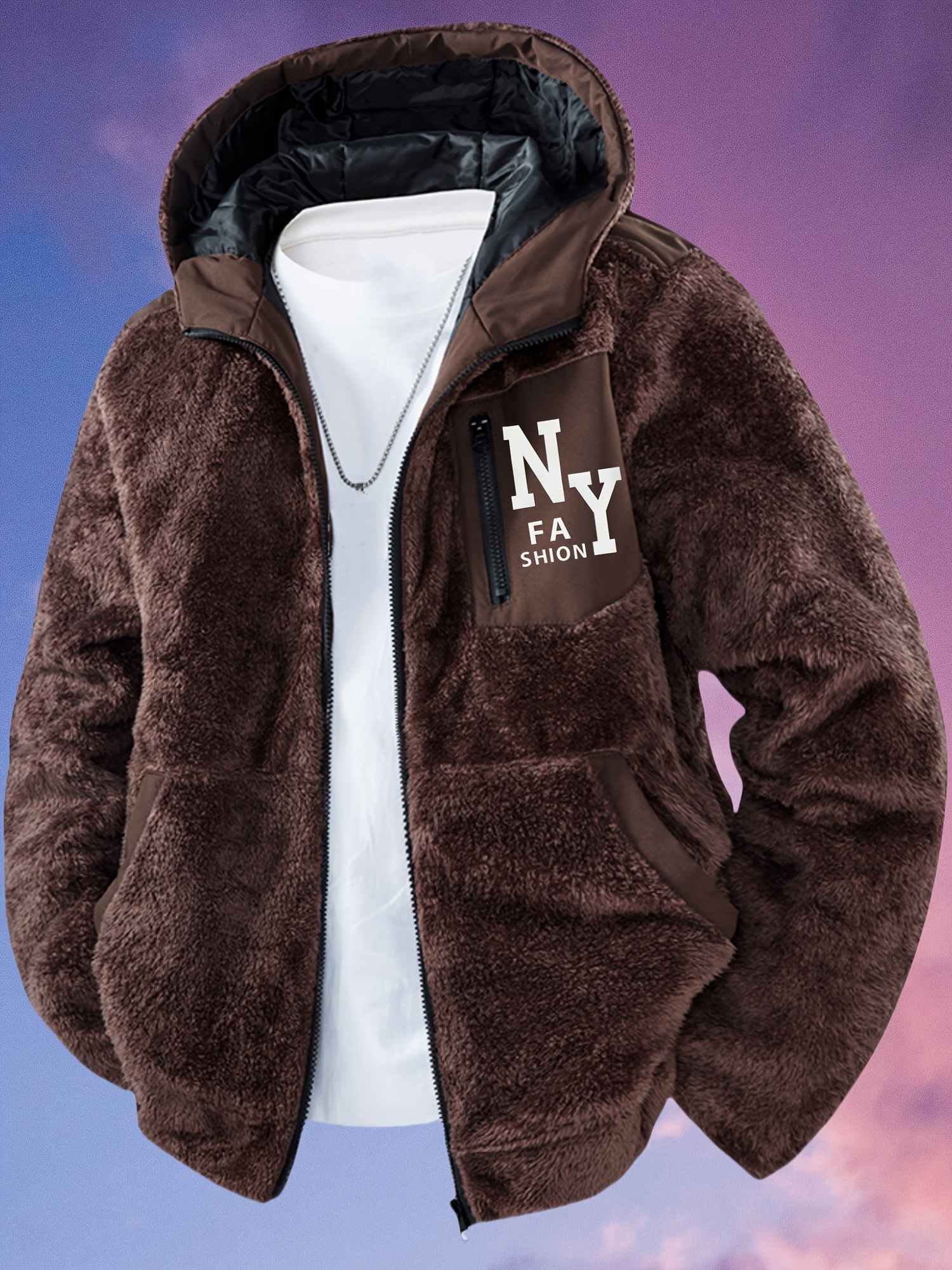 everyday casual mens   fur hooded jacket with ny letter print soft comfortable and stylish for   perfect valentines gift for him