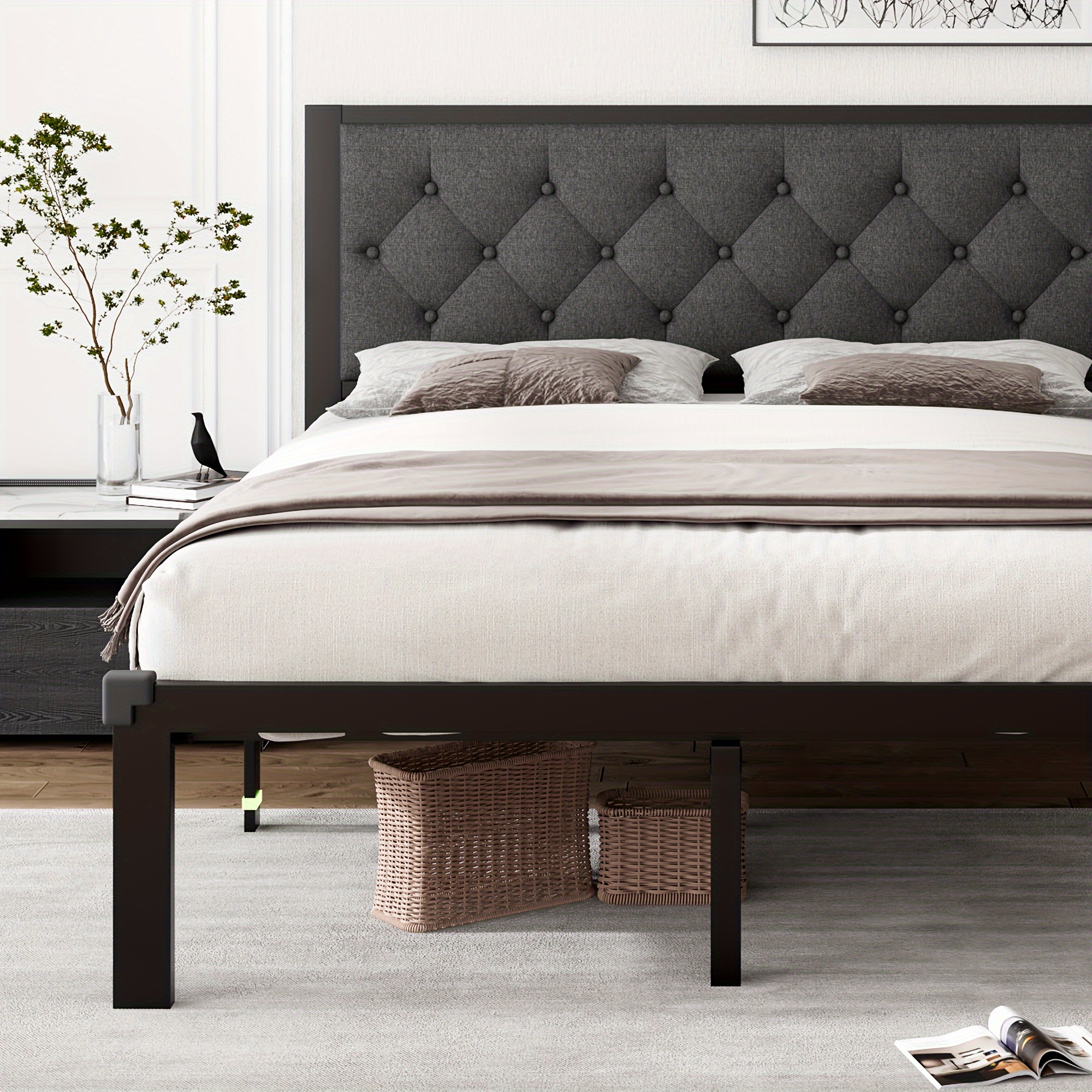 

12" Metal Bed Frame, Platform Bed Frame With Button Tufted Headboard, Steel Slats Support, Easy Assembly, No Box Spring Needed