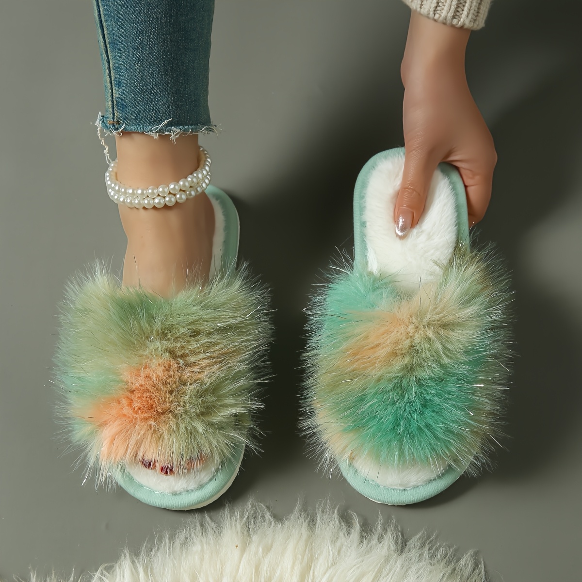 Image of Ultra-long Colored Plush Slippers Women's Home Indoor Couple Plush Slippers, Women Shoes