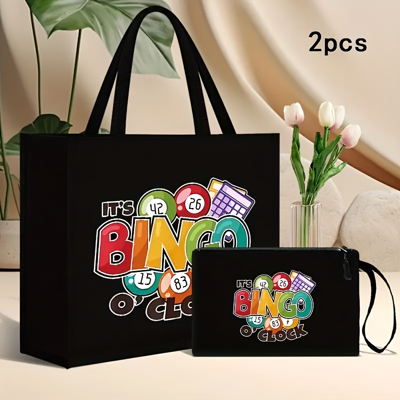 

2pcs/set Bingo Print Tote Bag With Makeup Pouch, Fashionable Linen Shoulder Bag For Women, Large Capacity, Student Class Tutoring Bag, Fashion Style