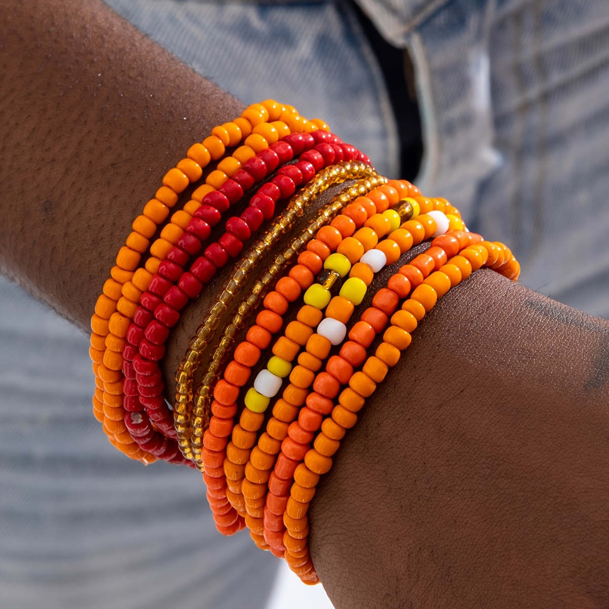 E-shop 11-teiliges Armband-Set im Böhmischen Urlaubsstil mit Orangen Reiskornperlen, Dopamin-Farben, Geeignet für Tägliche Partys und als Geschenk für