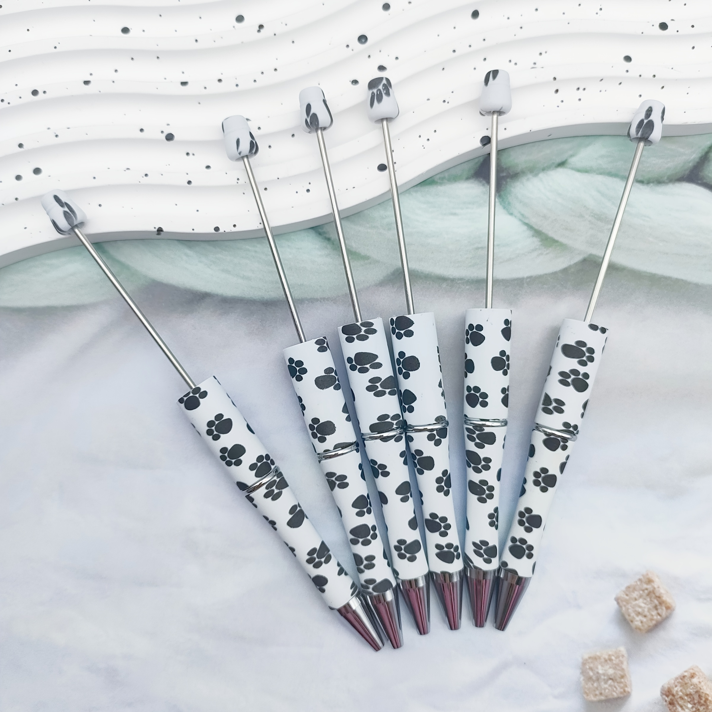 6pcs, Dog's Paw Print Beaded Ballpoint Pen, Printed Ballpoint Pen, Cute Black And White Ballpoint Pen