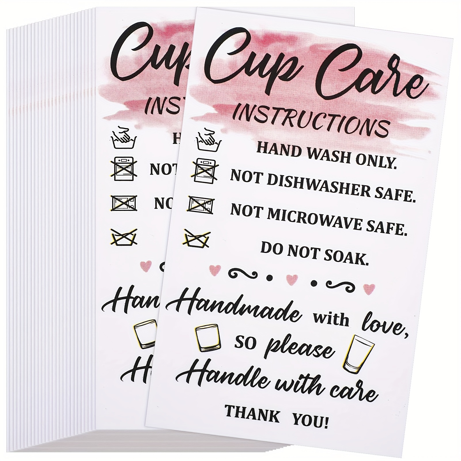 

50-pack Cup Care Instruction Cards, Handwash Only Reminder Tags For Tumblers And Coffee Mugs, Paper Material, Non-dishwasher Safe Labels