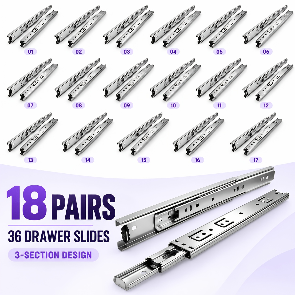 Image of 18 Pairs Heavy Duty Drawer Slides, 36pcs Ball Bearing Telescopic Rails With Mounting Screws