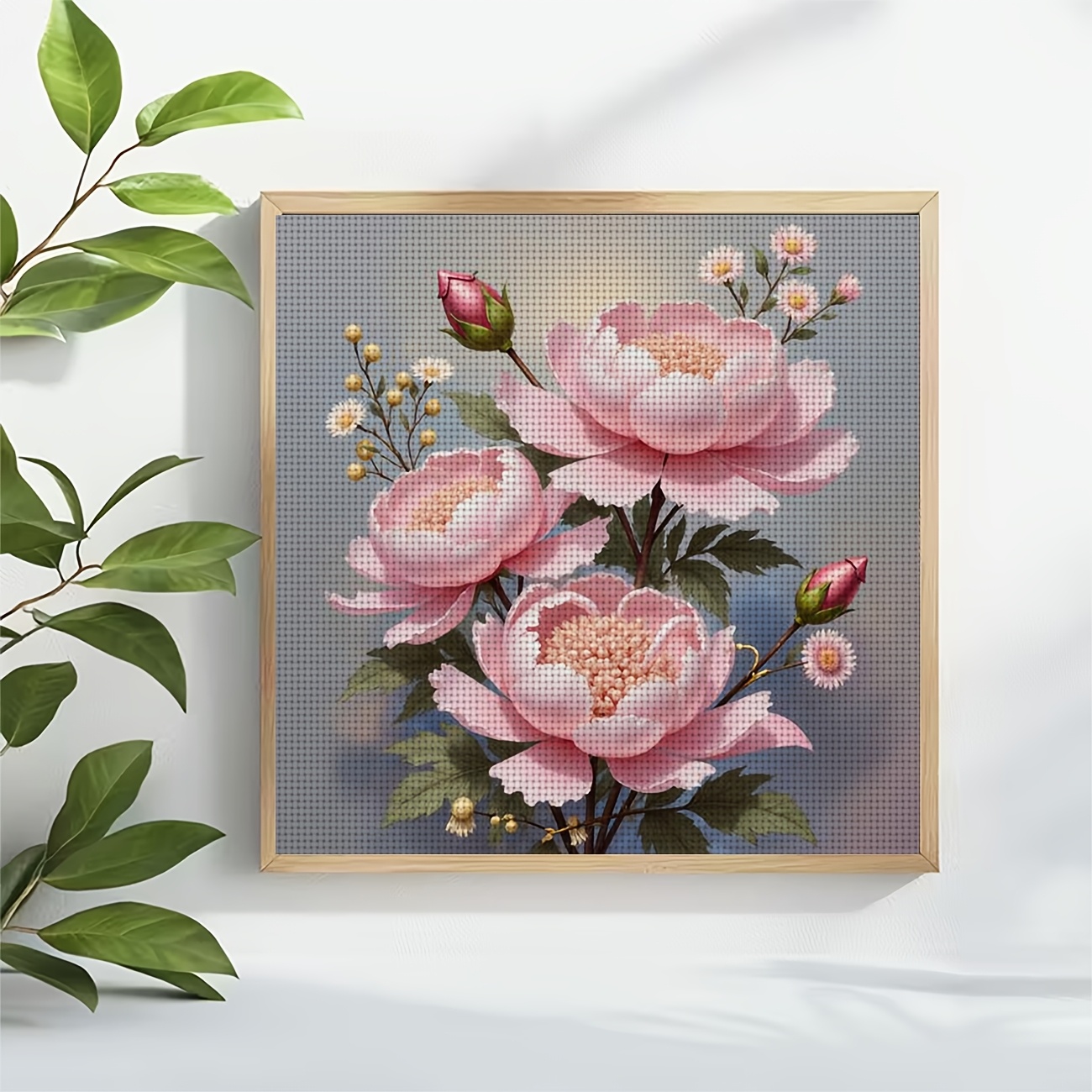 Cross Stitch Printed Kit, Pink Peony and Flower Buds Pattern