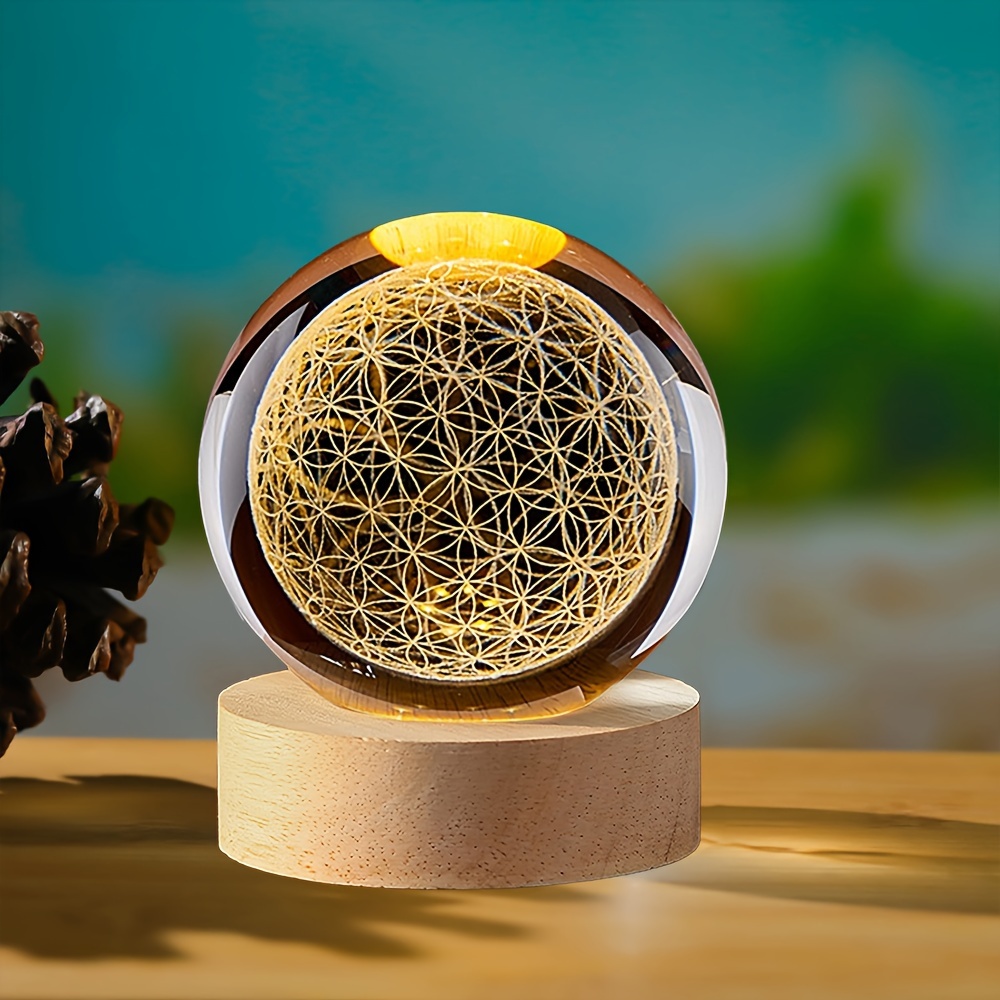 Image of 1pc 3d Flower Of Life Crystal Ball Night Lighting Grid Flower Spiritual Gift Glass Sculpture Gift For Mothers