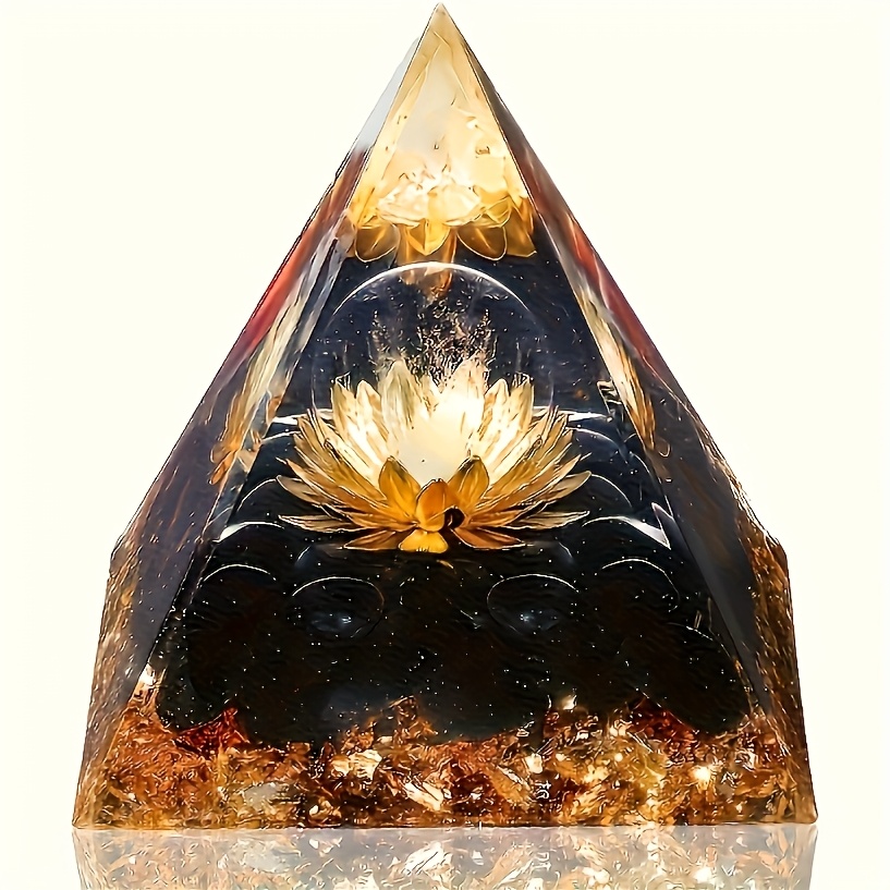 Image of A Handcrafted Orgonite Pyramid Featuring Obsidian And A Ball - With An Intricate Golden And A Dark Base, Perfect For Home Decor, Desk Display, And Holiday Gifts