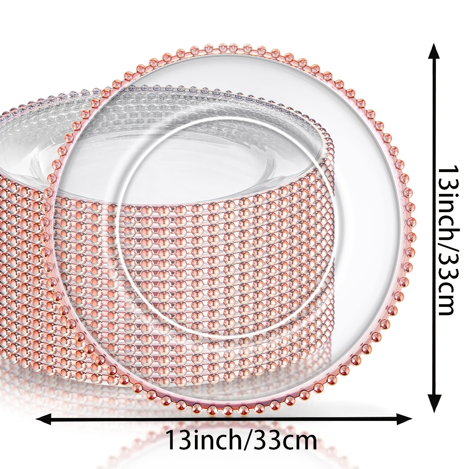 clear charger plates with beaded rim plastic round charger plates bulk for dinner home kitchen wedding party tabletop rose golden non food contact 13inch 33cm