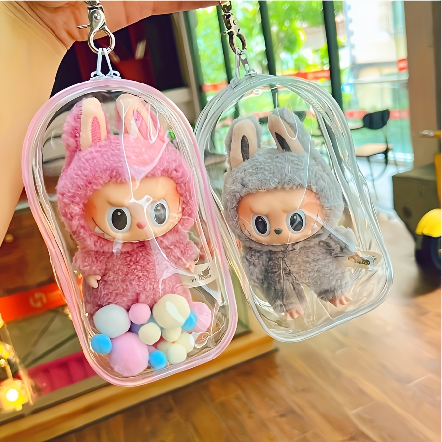   dustproof storage bag transparent pvc hanging pouch with   design portable protective case for collectible plush toys pink gray options toy organizer   aesthetic glossy  