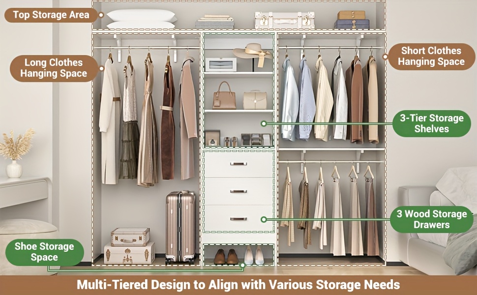 Closet System with Drawer - 8ft Wood Closet Organizer System with 3 Hanging Rods And Shelving Tower, 96