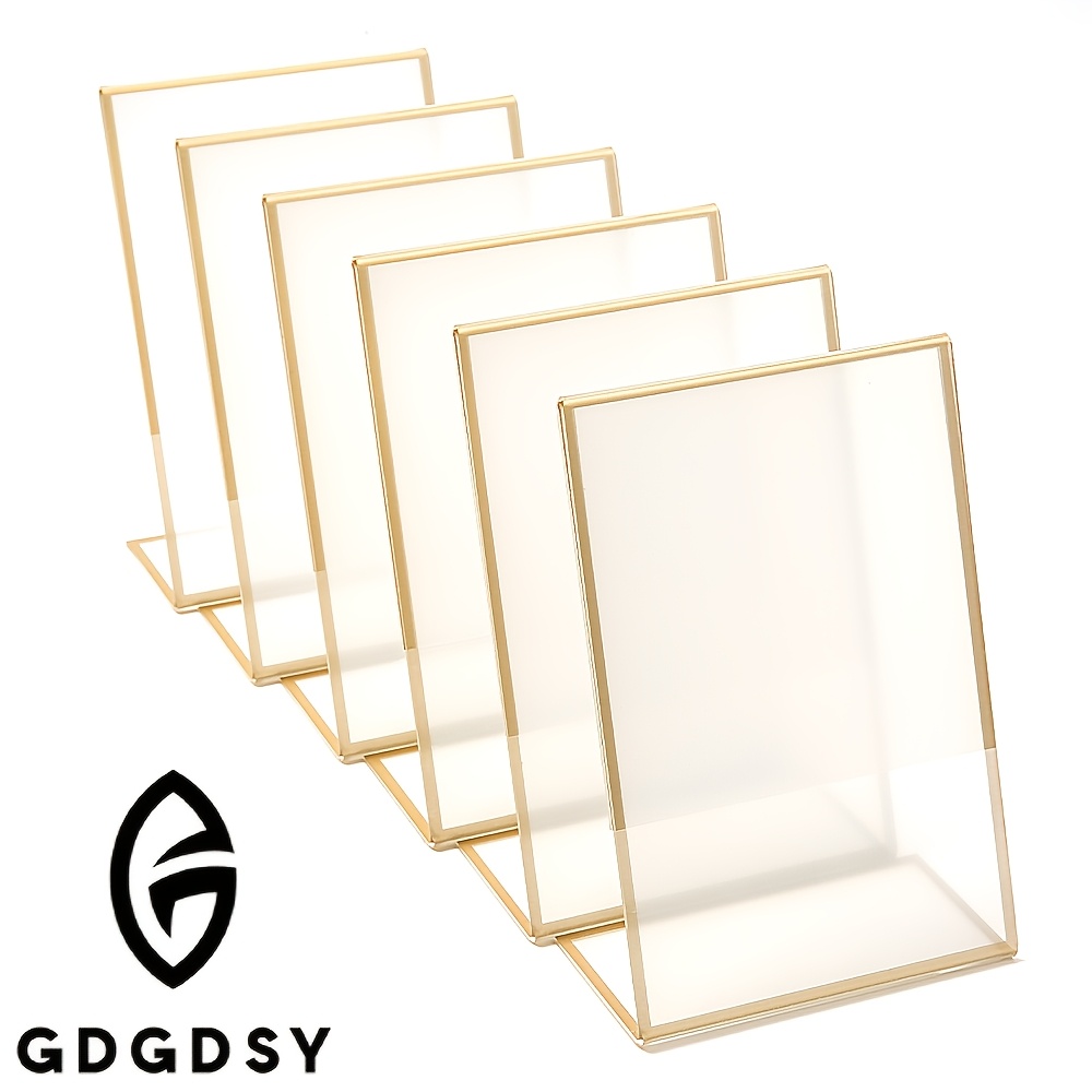 E-shop 6 Stück Acryl-Schildhalter mit goldenem Rahmen vertikalem Ständer – für Hochzeiten, doppelseitige Bilder, klare Fotos Menüanzeigen, klarer