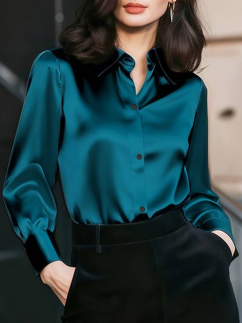 womens spring autumn elegant satin solid color shirt for commuting
