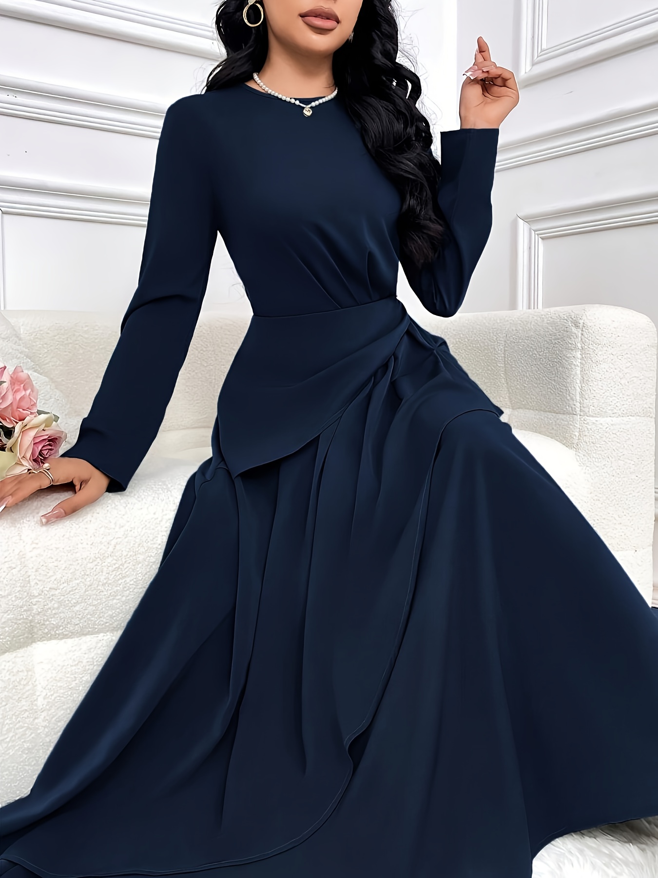 elegant long peplum dress folded ruffle details solid - Temu Oman