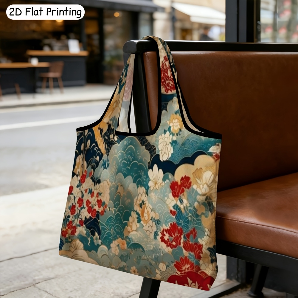 TEMU 1pc Japanese -e Tote Bag Suitable For Shopping & Daily Use - Lightweight Rectangular Bag With -e & Koi Fish, Traditional Japanese Art Patterns,