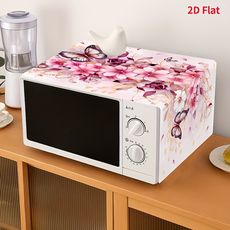 2D-Flach *., Mikrowellenzubehör, florale Mikrowellen-Staubschutzabdeckung, Polyester-Staubschutzabdeckung mit rosa Schmetterlings-Blumen-Design, Küchendekor * für Mikrowelle, Herd & Ofen,