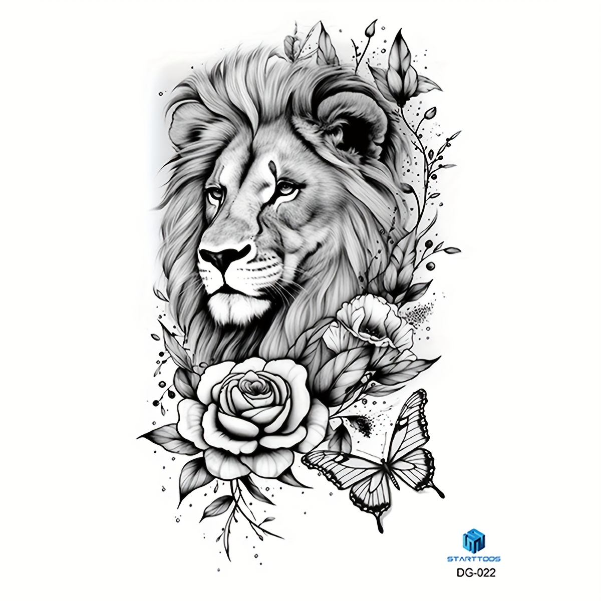 Men Women Lion Floral Pattern Holiday Gift Tattoo Sticker Belly Leg Back Large Arm Body Temporary Waterproof Tattoo Sticker 1pc