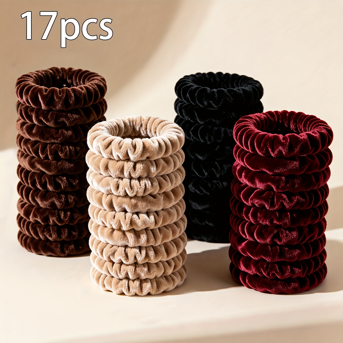 Image of 17pcs Velvet Hair Elastics Set - Wine Red Beige Colors | Tones Thin Scrunchies | Plush Hair Ties For Women