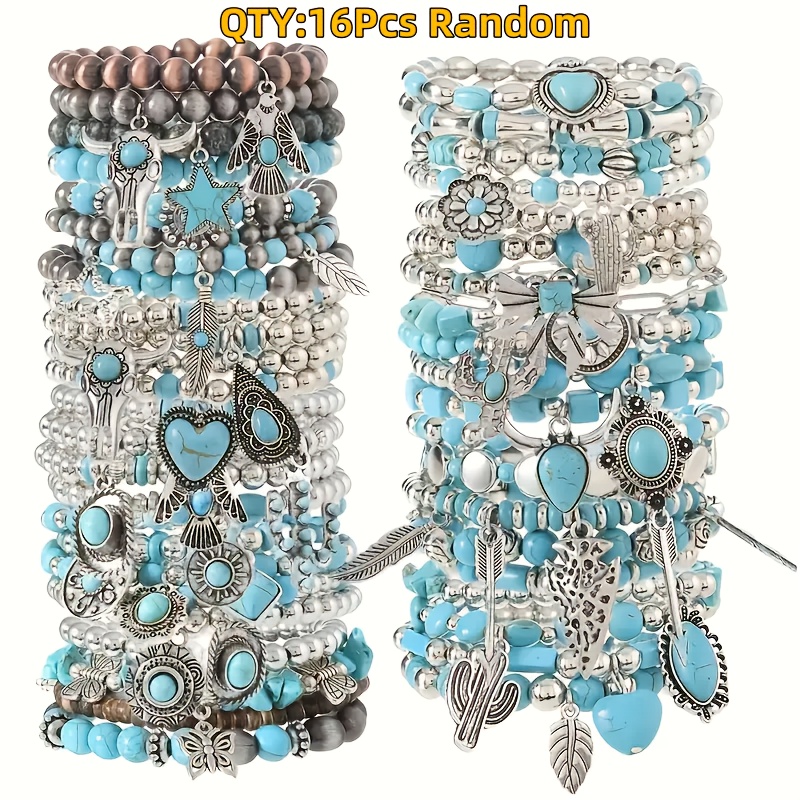 TEMU A Perfect Gift For Your One, 16pcs Bohemian Style Random Pattern Bracelet Set Of Turquoise, Alloy, And Elastic Beads., For Teenager