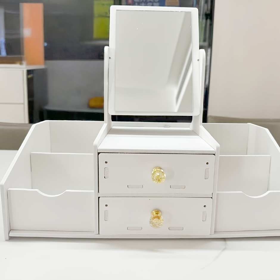 TEMU Single-layer White Cosmetic Storage Box With Square Mirrors And Drawers, 360 Â° Rotating Cosmetic Storage Box, Dustproof Pvc Container, Suitable
