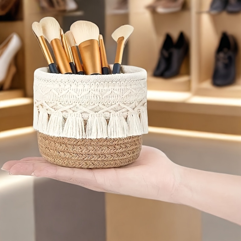 sendpistil vintage round woven desktop storage basket with fringe natural fabric makeup brush organizer for vanity bathroom desk decorative cosmetic accessories organizer shelf baskets Product details 2