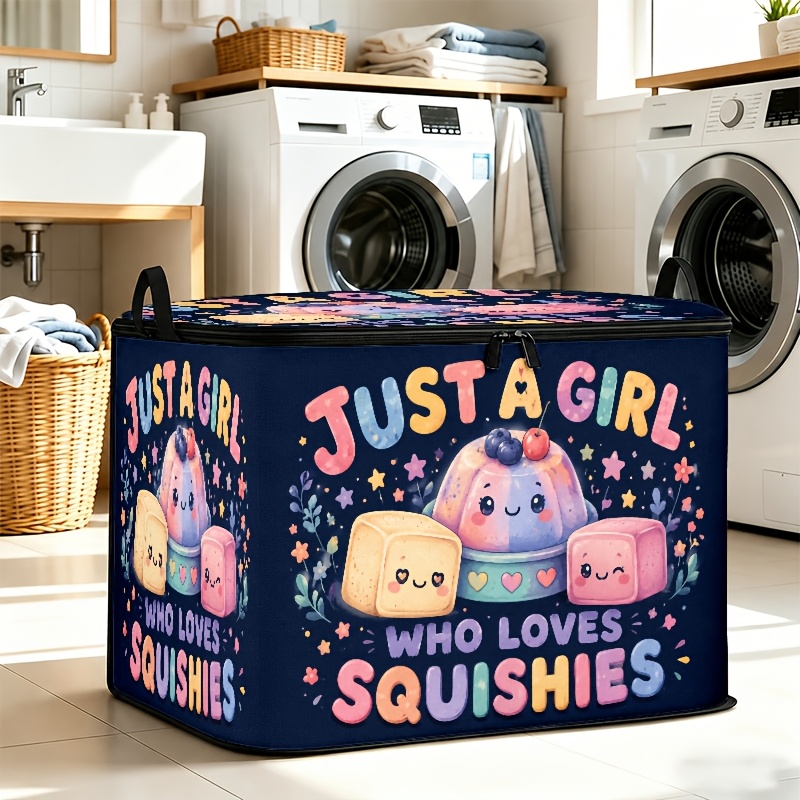 TEMU 2d Flat Cute Cartoon Print Storage Box—" Who Squishies" With Fun Text, Smiling Jelly, And , Featuring And Sweet Pink-blue Color Scheme, Suitable