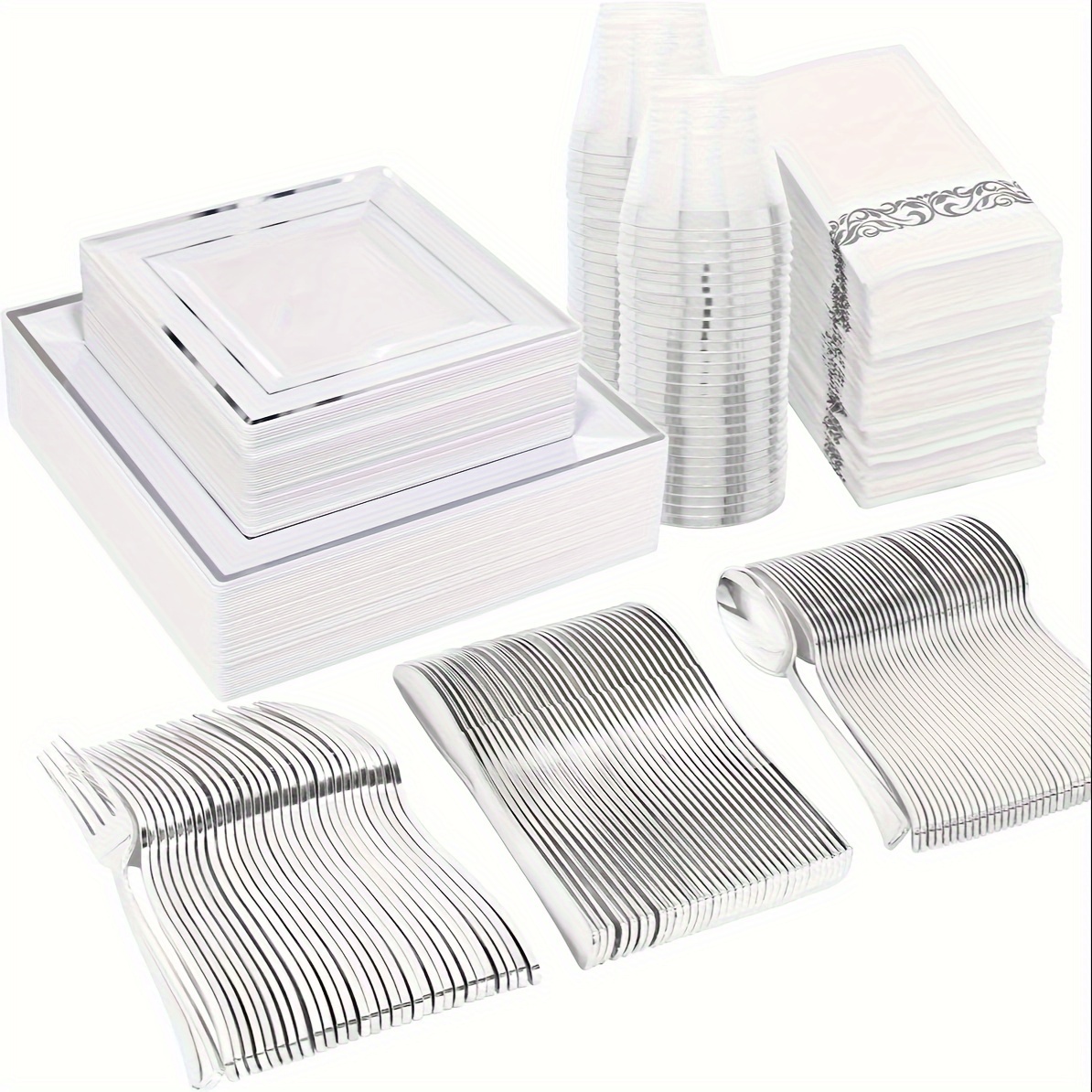

50 Guest Silver Plastic Plates With Disposable Cutlery& Silver Plastic Cups-square Plates-silver Plastic Utensils Set And Napkins For Wedding& Parties