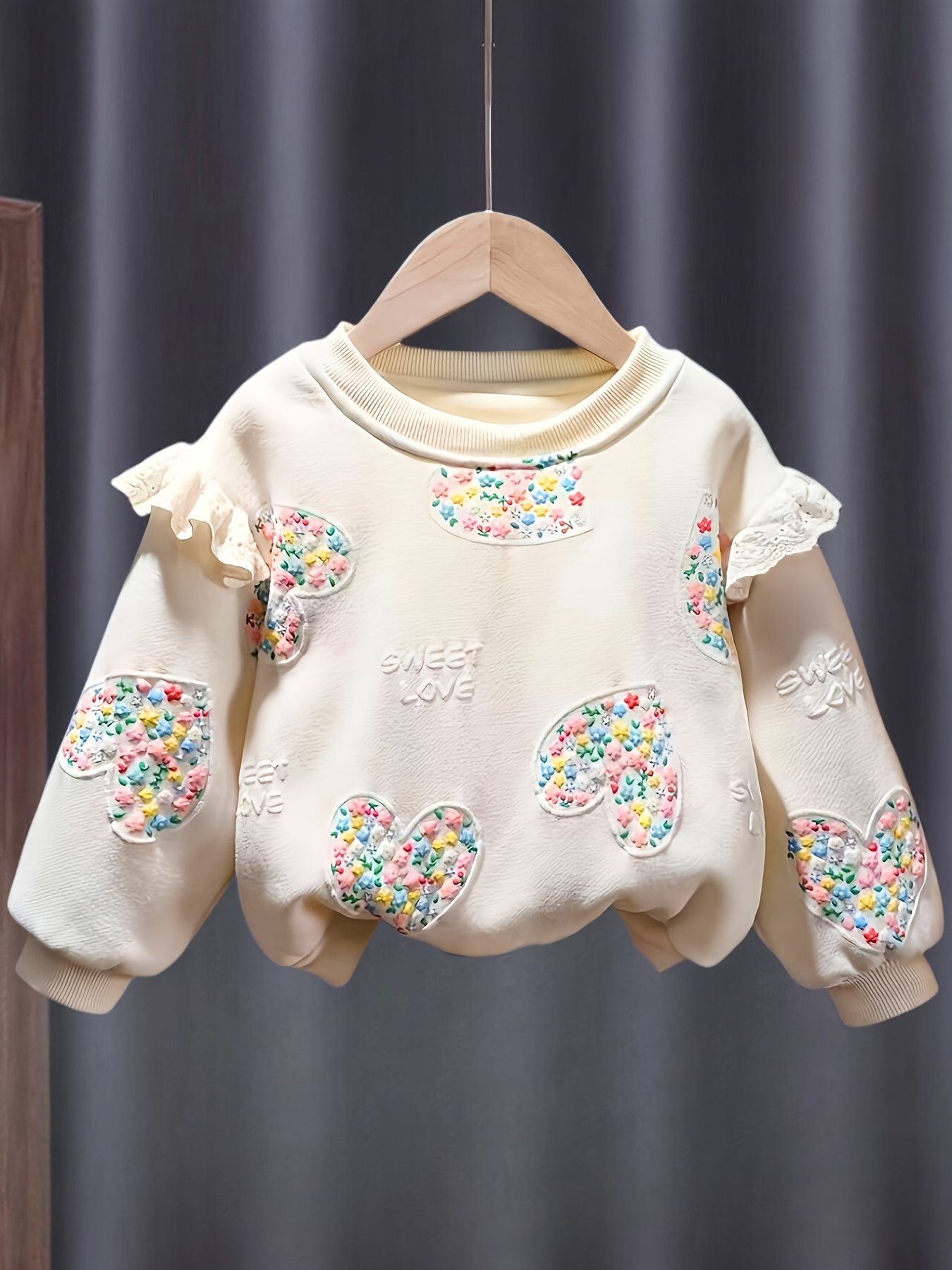 sweat shirt à appliques cœur floral fille pull beige Temu - Main Image