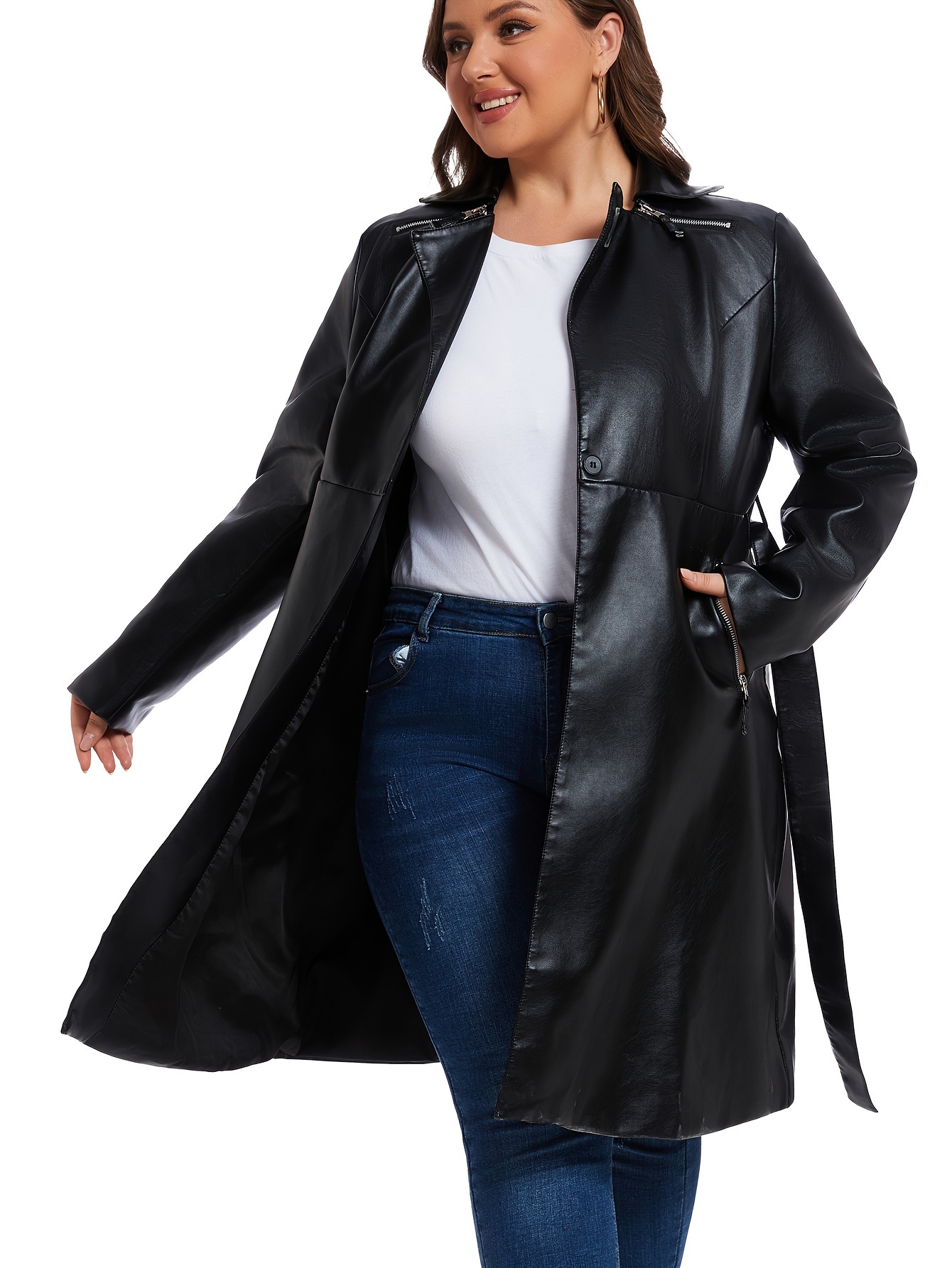 womens vintage belted trench coat pu leather length Temu Morocco