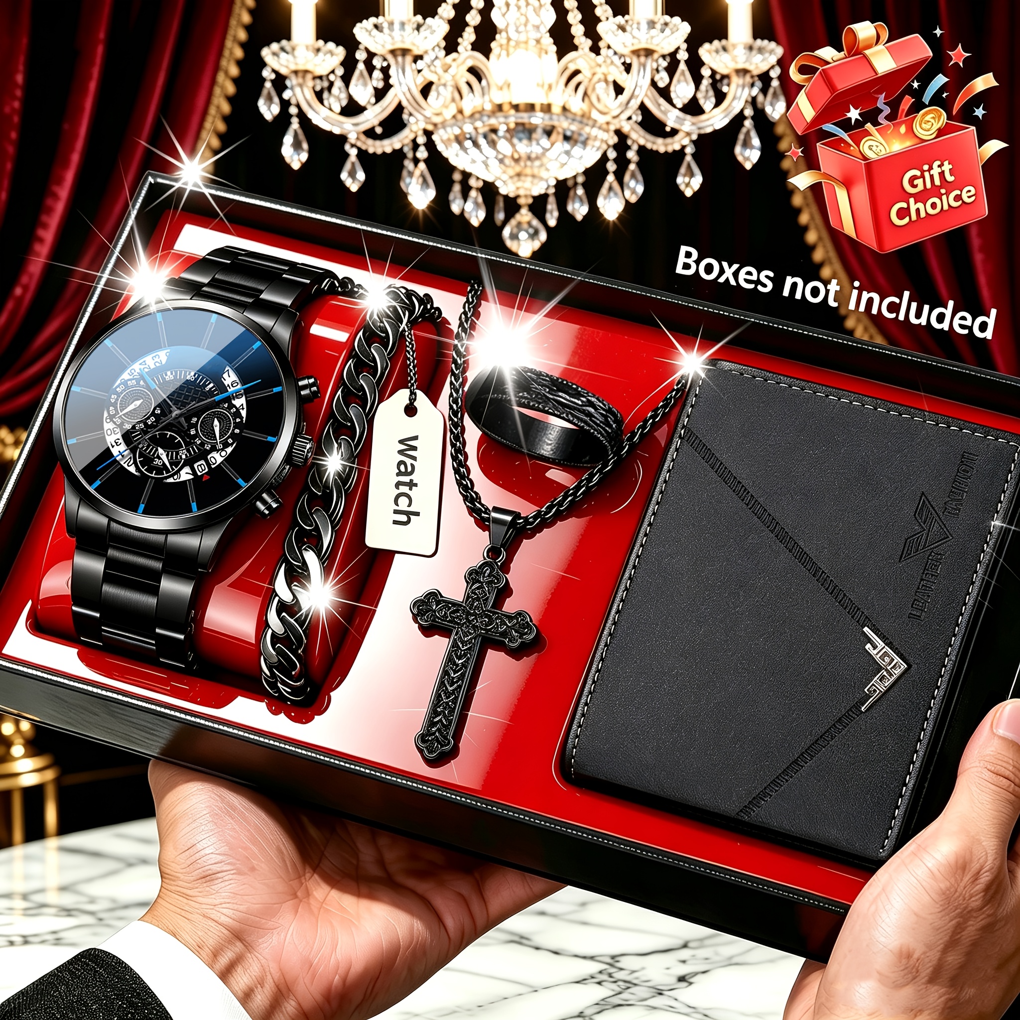 Image of 5pcs Men's Watch Jewelry Wallet Set, Ideal For Birthday, Anniversary And Festival Gifts