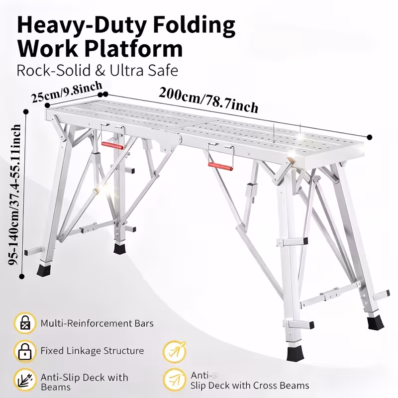 portable foldable workbench with adjustable height wide base scaffolding work platform heavy duty foldable railing suitable for home renovation rv cleaning window washing ideal for outdoor use with free gifts workbench Product details 2