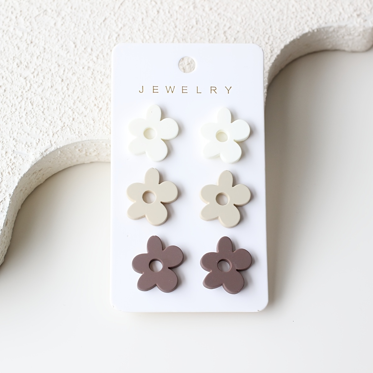 TEMU 3 Pairs 1 Card Coffee-colored Small Floral Acrylic Women's Stud Earrings, Pottery Texture Elegant Cute Suitable For Parties, Celebrations, And