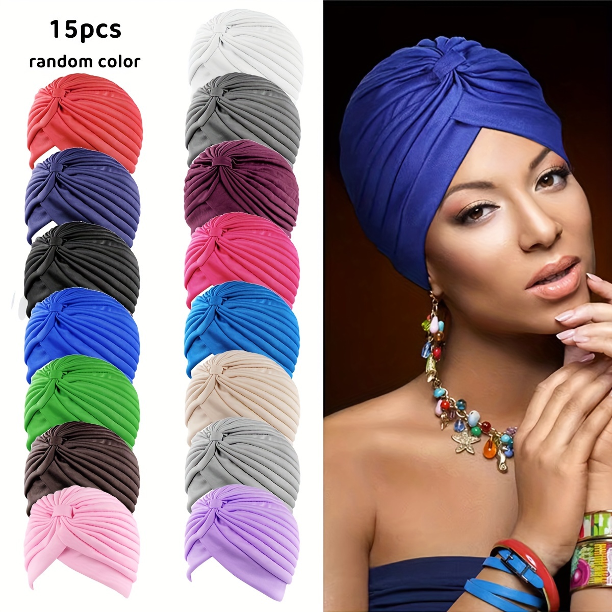 

15pcs Stretchy Turbans For Women - Assorted Colors, Lightweight & Head Wraps With Twisted , Knit Beanie Hats