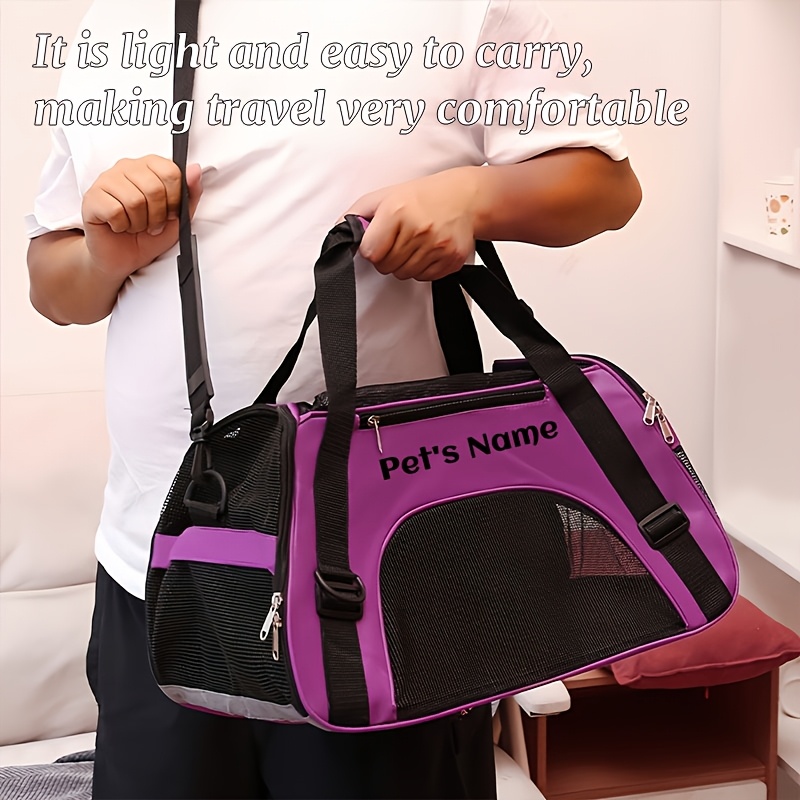 Personalized Embroidered Pet Name Portable Dog Backpack, Large Capacity Breathable Foldable Messenger Bag with Zipper Stretch Design-suitable for Most Small/medium/large Dogs and Cats, Purple/pink/black-size S/M/L