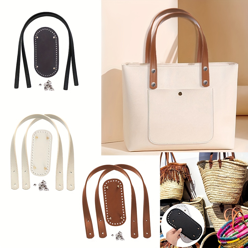 

3pcs Diy Knitted Bag Strap Accessories - Handmade Pu Leather Shoulder Straps With Metal Eyelets & For Tote, Bucket, And Woven Bags, Purse Strap