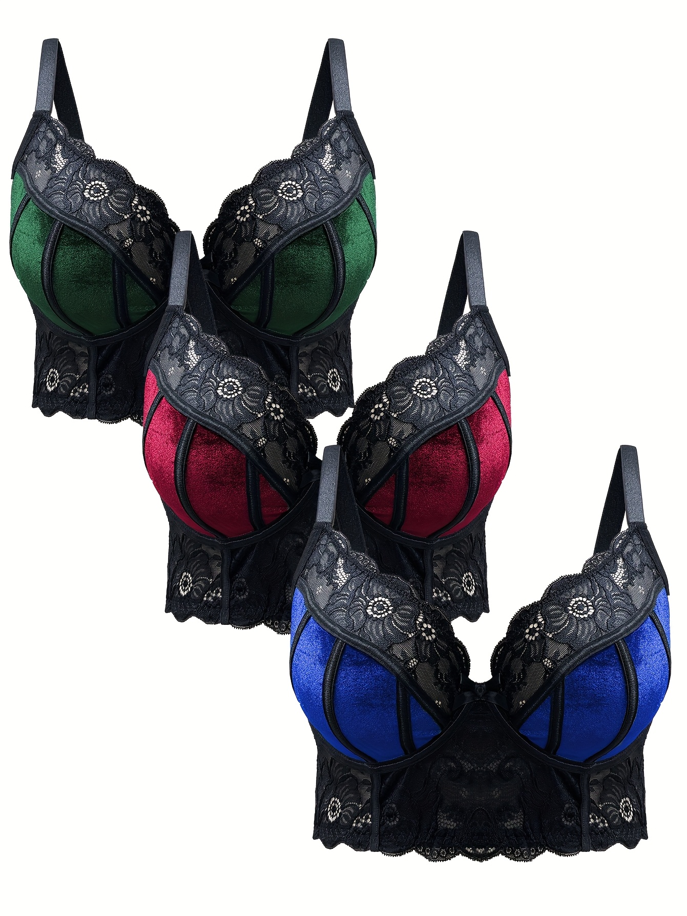 3pcs Women'S Plus Size Sexy Lace Bralette Set - Wireless, No-Pad, Medium Stretch, Color Block Design with Contrast Lace Details