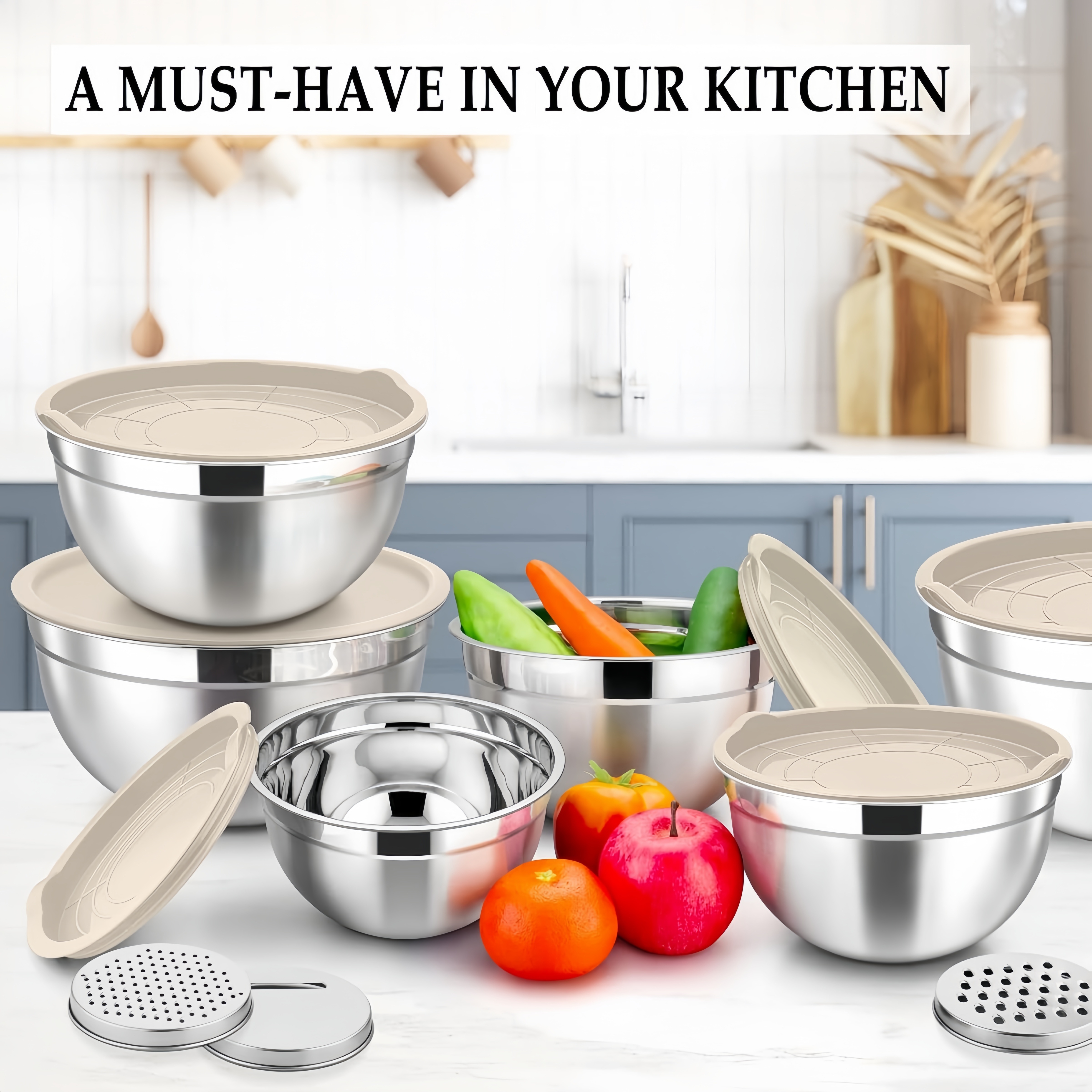 15pcs stainless steel mixing bowl set with airtight lids nesting storage bowls with 3 grater attachments rust resistant metal kitchen tools dishwasher safe ideal for salad mixing serving   christmas halloween easter thanksgiving senior day details 5