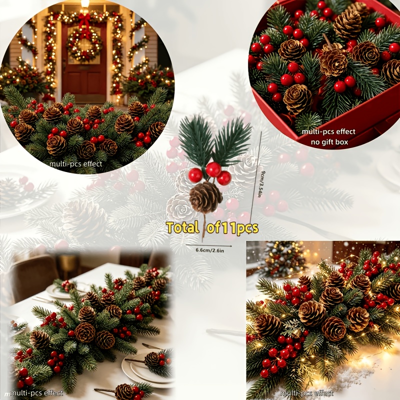 TEMU 11pcs Artificial Pine Cone Ornament Set, Handmade Christmas Decorations, Christmas Tree Pine Branch And Pine Cone Decorative Hangings, Wreath