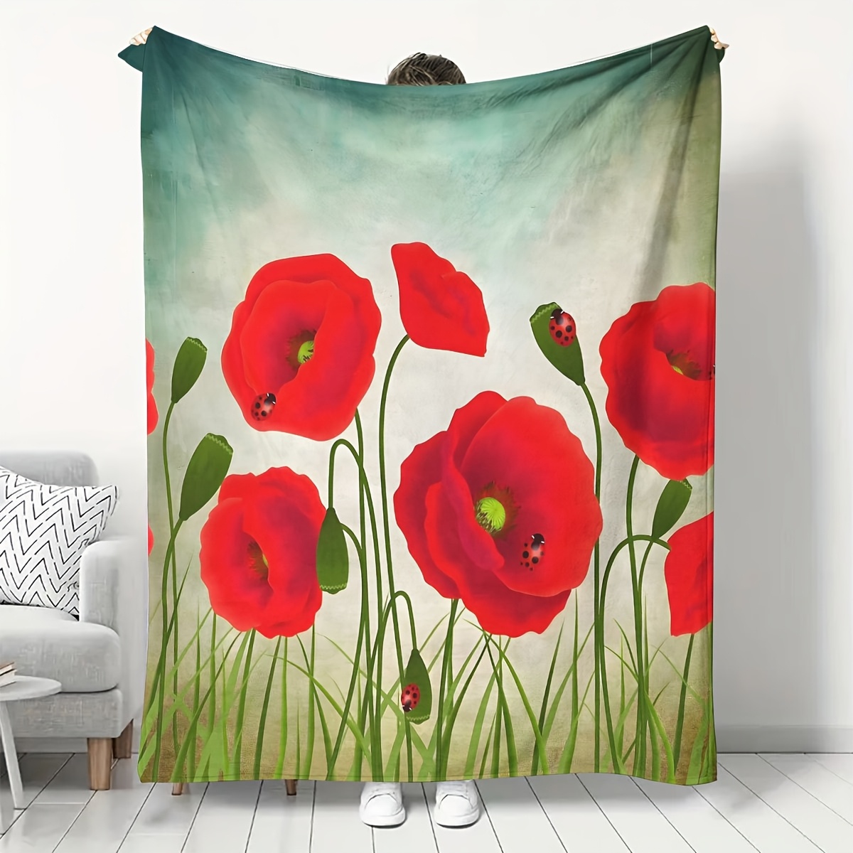 

Red Poppy Blanket, Flannel Fleece, Stain , Knitted , , For Sofa, Bed, ,