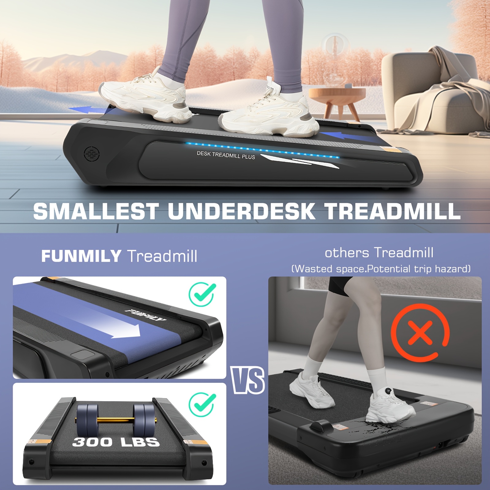 Compact Under Desk Treadmill with Portable design - Space-Saving Walking Pad Machine, 300lbs Heavy Duty Capacity, 5% Incline, for Home Office, Apartment, Small Spaces - Compatible with US Outlets (110V) - Ideal for Walking, Jogging, Light Running - Perfect Gift for Fitness Enthusiasts, Office Fitness Equipment, Durable Walking Pad, Apartment Workout, Sleek Exercise Machine, Sturdy Construction, Busy Professionals
