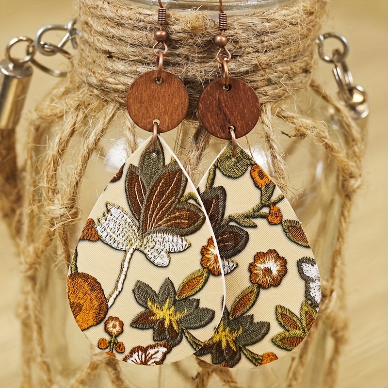 Bohemian Summer Vintage Distressed Beautiful Cute Floral Round Wooden Inlay Women's Teardrop Pu Leather Earrings With Double-sided Print Random Pattern