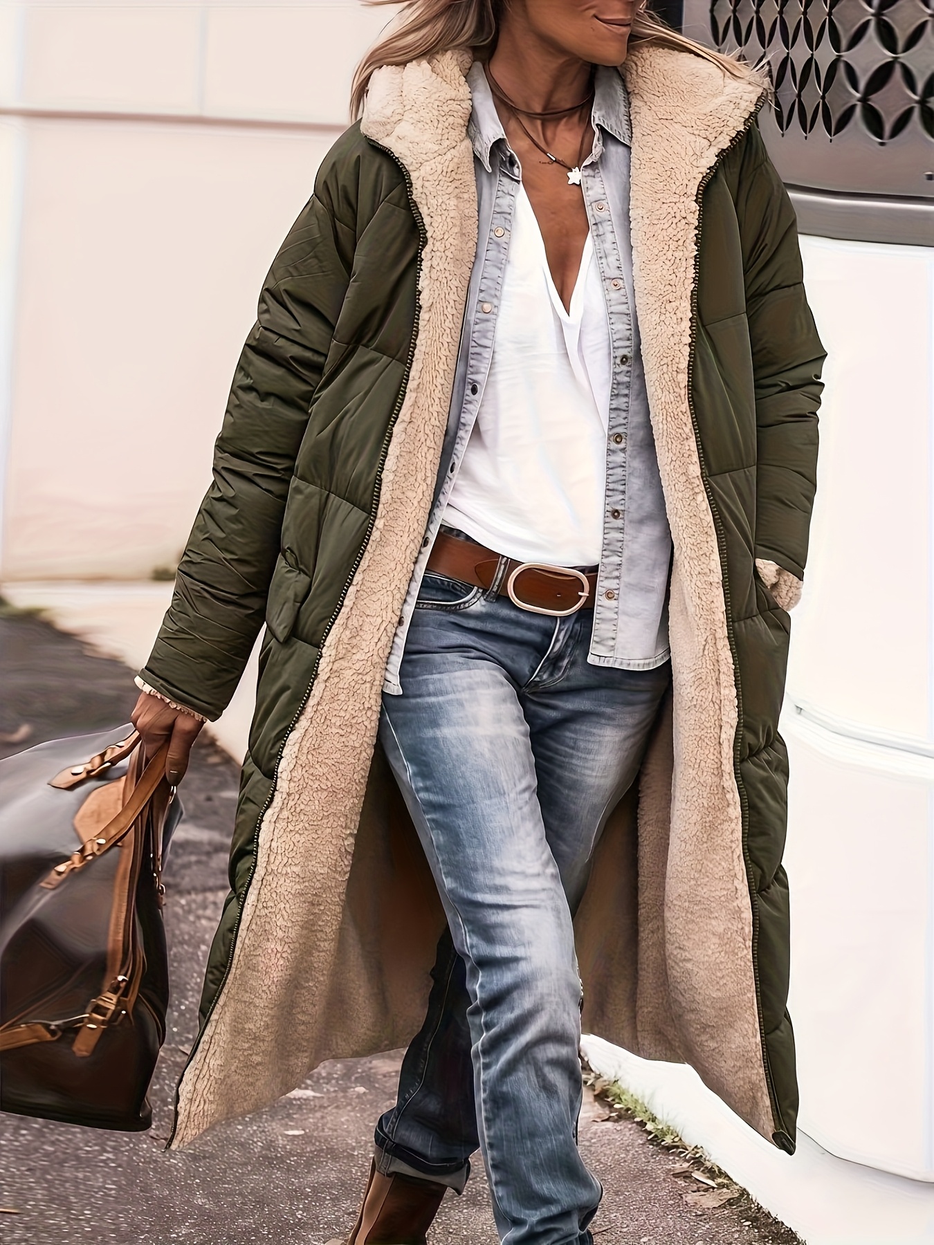 Nouveau Veste Réversible à Capuche pour Femmes d'Hiver avec Manches Croisées sur l'Épaule, Mantel Long Décontracté de Rue Extérieur pour Automne et Hiver, Trenchs D'hiver pour Femme, Blouson Élégant en Fourrure Synthétique Doublée Polaire Chaude - Style Urbain Contemporain