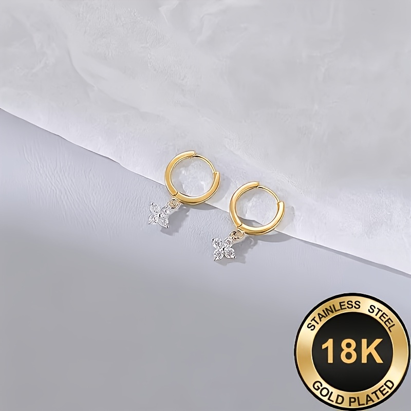 TEMU 1 Pair 18k Golden Plated Four-petal Pendant Earrings, Cubic Zirconia Clover Women's Earrings, Classic Design, Jewelry Gift, Hypoallergenic
